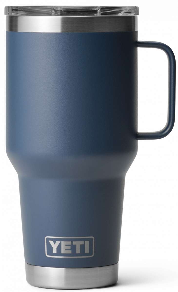 Yeti Rambler - 30 oz. Travel Mug is a large, insulated tumbler with a screw-on lid and handle.