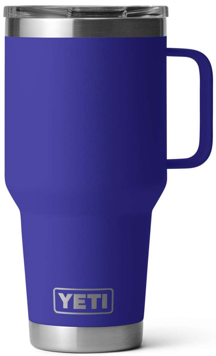 Yeti Rambler - 30 oz. travel mug with clear lid and silver handle.