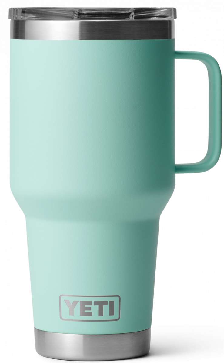 Yeti Rambler - 30 oz. Travel Mug is a large, insulated tumbler with a screw-on lid and handle.