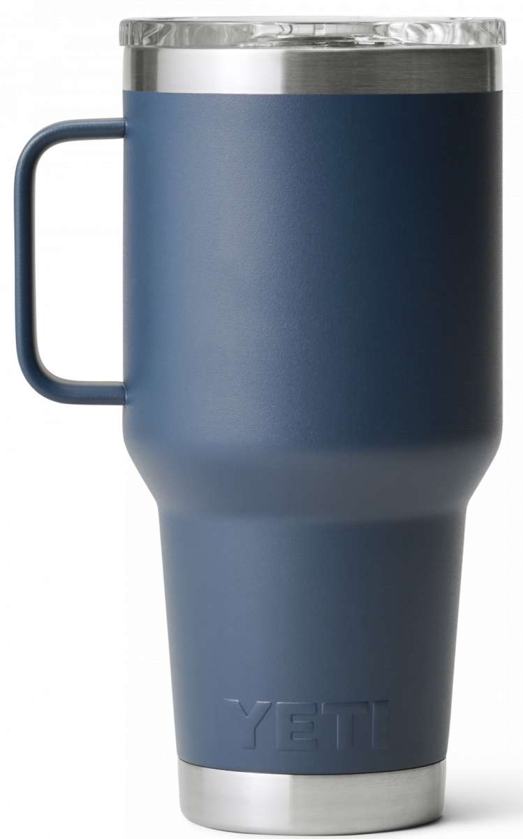 Yeti Rambler - 30 oz. Travel Mug is a dark-colored, cylindrical tumbler with a handle on the left side and a clear lid.
