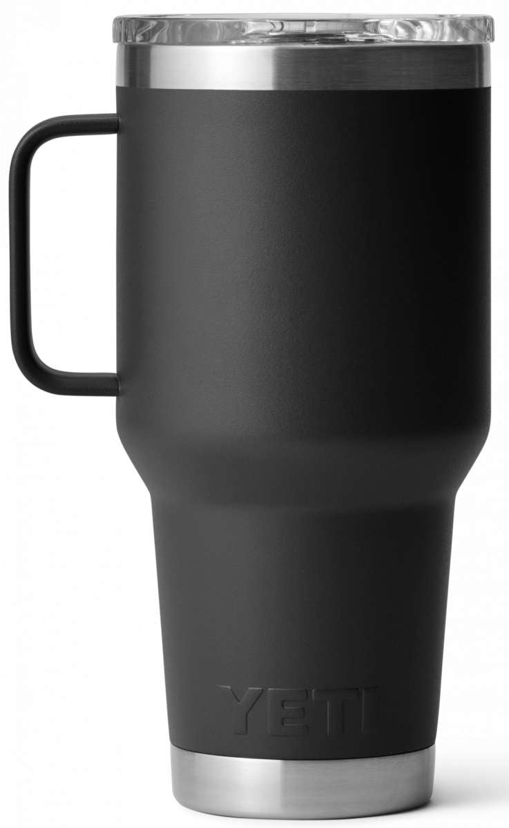 Yeti Rambler - 30 oz. travel mug with a clear lid and black handle.