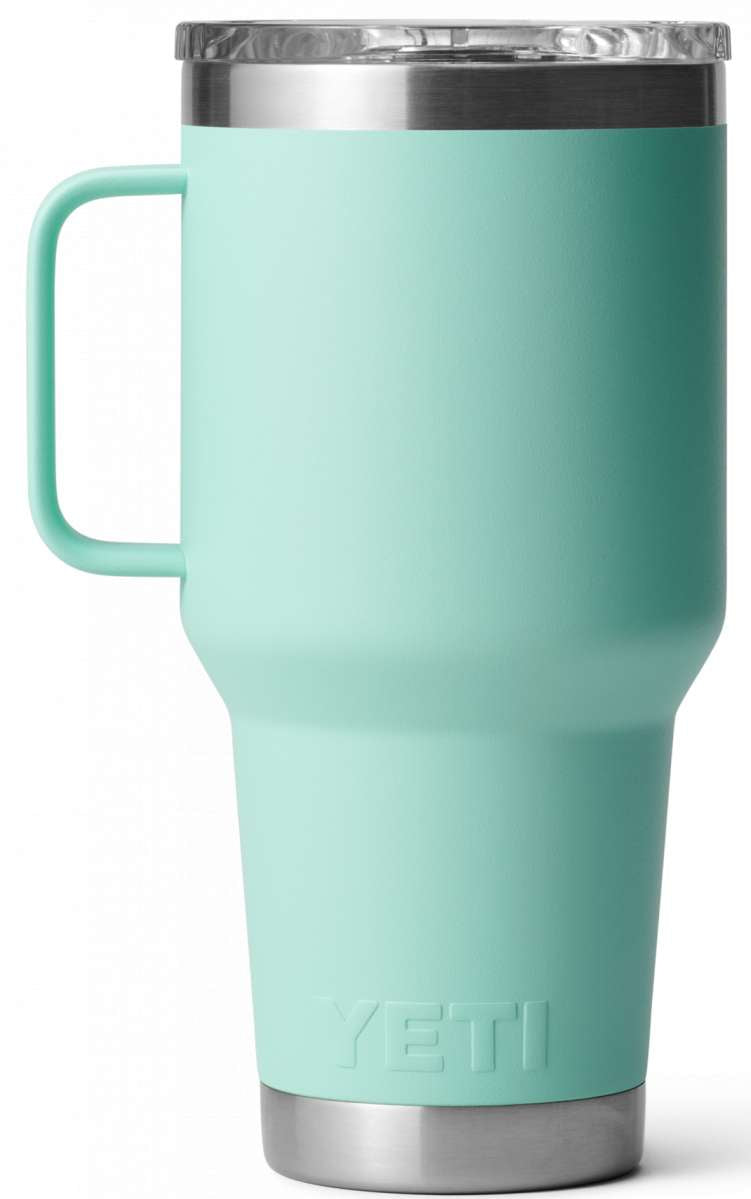 Yeti Rambler - 30 oz. Travel Mug is a large, insulated tumbler with a screw-on lid and handle on the left side.