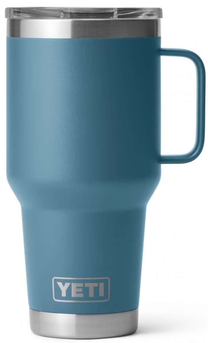 Yeti Rambler - 30 oz. Travel Mug is a large, insulated tumbler with a screw-on lid and handle.