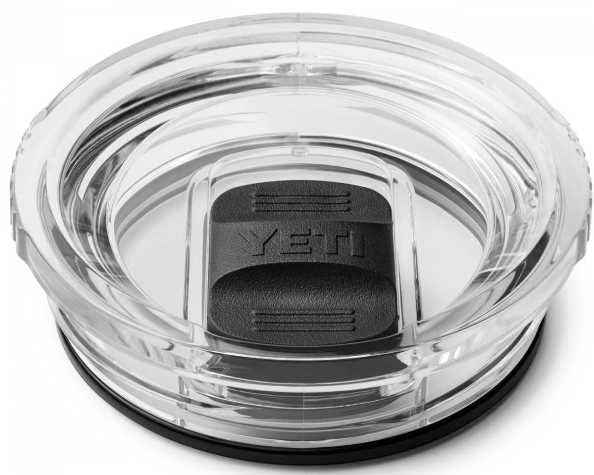 Yeti Rambler 30 oz. Travel Mug - A clear plastic travel mug with a black lid and handle, featuring a textured pattern on the side.