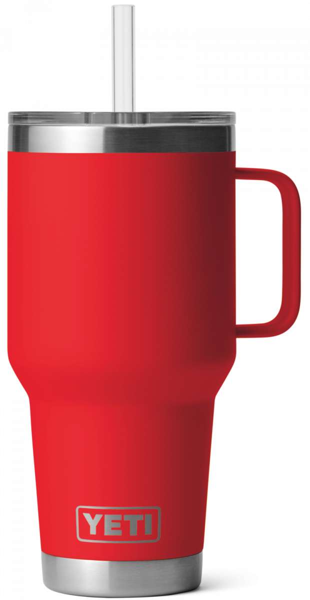 Yeti Rambler 35 oz. Straw Mug - A red insulated tumbler with a clear plastic straw and silver lid.