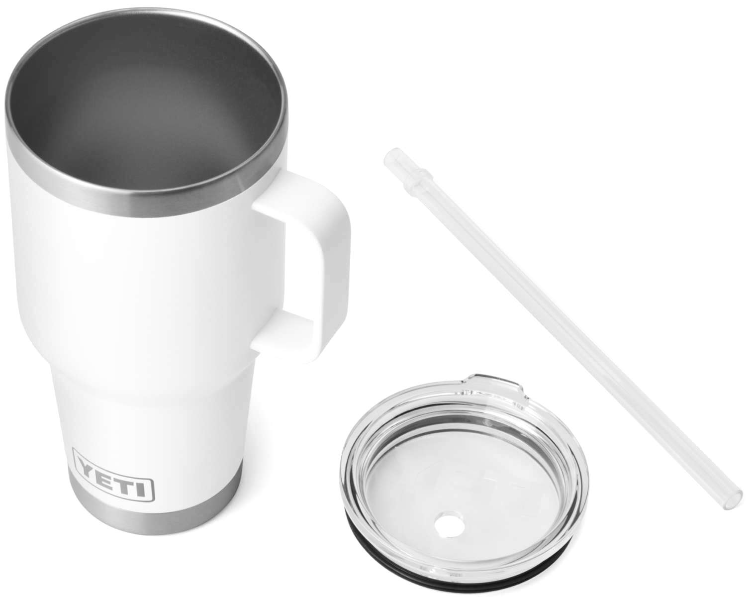 Yeti Rambler 35 oz. Straw Mug - A white plastic straw is inserted into a clear, screw-top lid of a large, insulated tumbler with a silver rim and base.