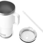 Yeti Rambler 35 oz. Straw Mug - A white plastic straw is inserted into a clear, screw-top lid of a large, insulated tumbler with a silver rim and base.