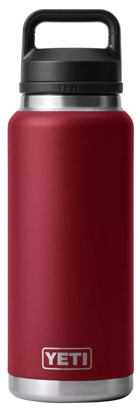 Yeti Rambler 36 oz. Bottle With Chug Cap - A red insulated bottle with a black chug cap and silver base.