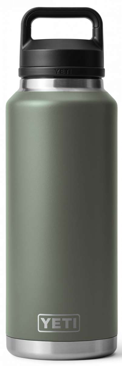 Yeti Rambler 46 oz. Bottle with Chug Cap - A large, insulated bottle with a screw-top lid and handle on top. The cap has a wide mouth for easy drinking.