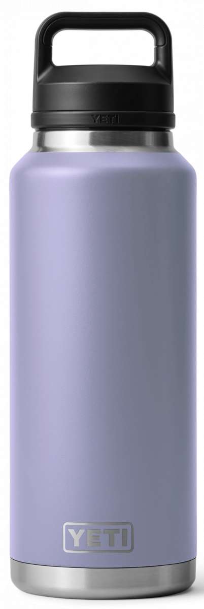 Yeti Rambler 46 oz. Bottle with Chug Cap - A large, insulated bottle with a screw-top lid and handle on top. The cap has a wide opening for easy drinking.