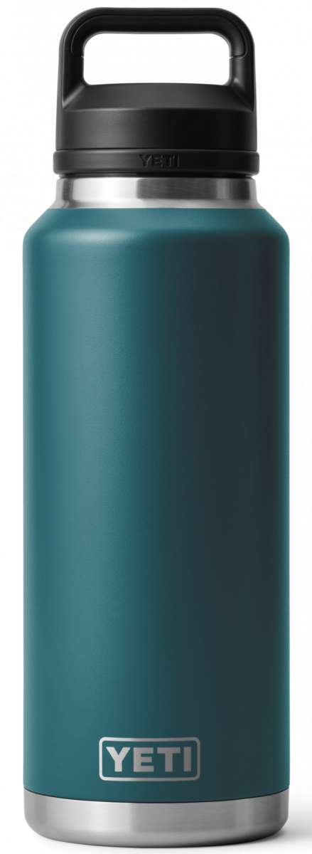 Yeti Rambler 46 oz. Bottle with Chug Cap - A large, insulated bottle with a screw-top lid and handle on top. The cap has a wide opening for easy drinking.