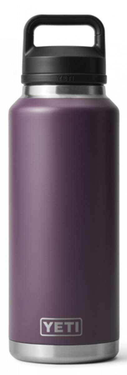 Yeti Rambler 46 oz. Bottle with Chug Cap - A large, insulated bottle with a black chug cap and a screw-on lid.