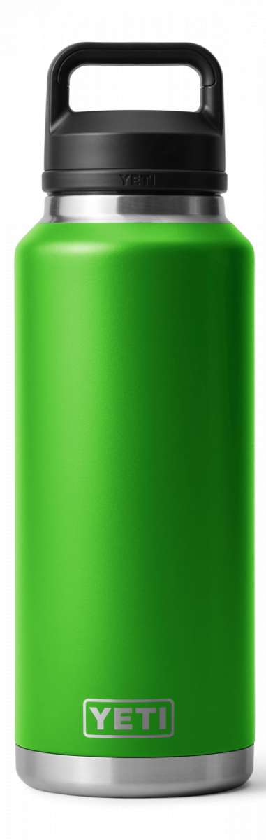 Yeti Rambler 46 oz. Bottle with Chug Cap - A stainless steel bottle with a black chug cap and silver base, featuring a handle on top.