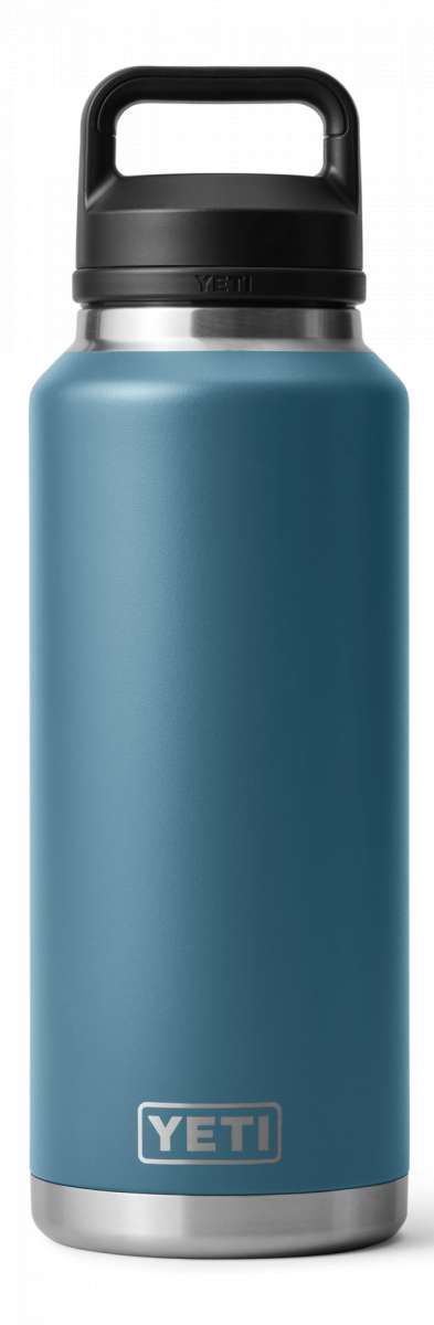 Yeti Rambler 46 oz. Bottle with Chug Cap - A large, insulated bottle with a black chug cap and a silver base.