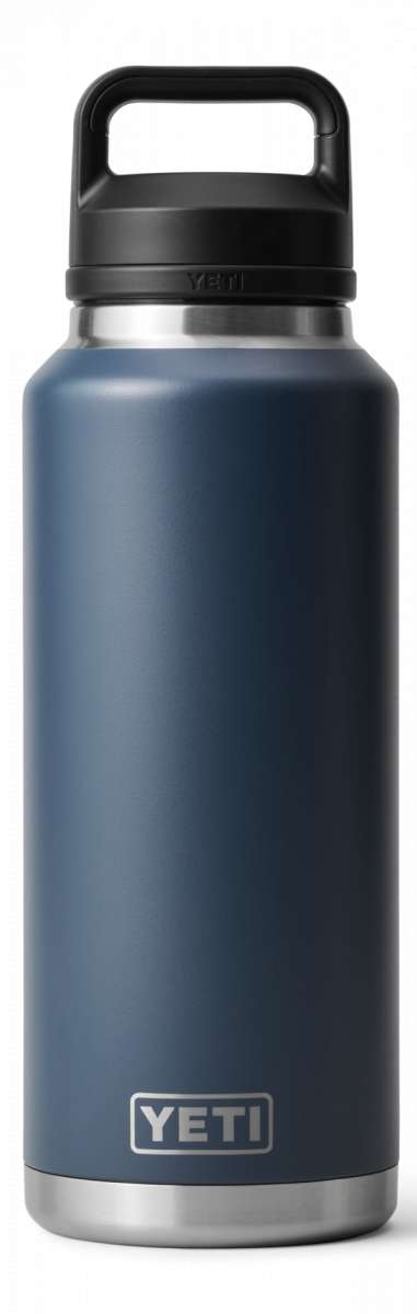 Yeti Rambler 46 oz. Bottle with Chug Cap - A large, insulated bottle with a screw-top lid and handle on top. The cap has a wide mouth for easy drinking.
