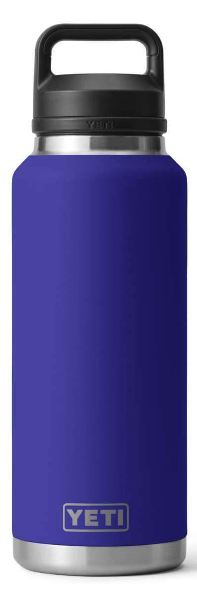Yeti Rambler 46 oz. Bottle with Chug Cap - A large, insulated bottle with a screw-top lid and handle on top. The cap has a wide mouth for easy drinking.