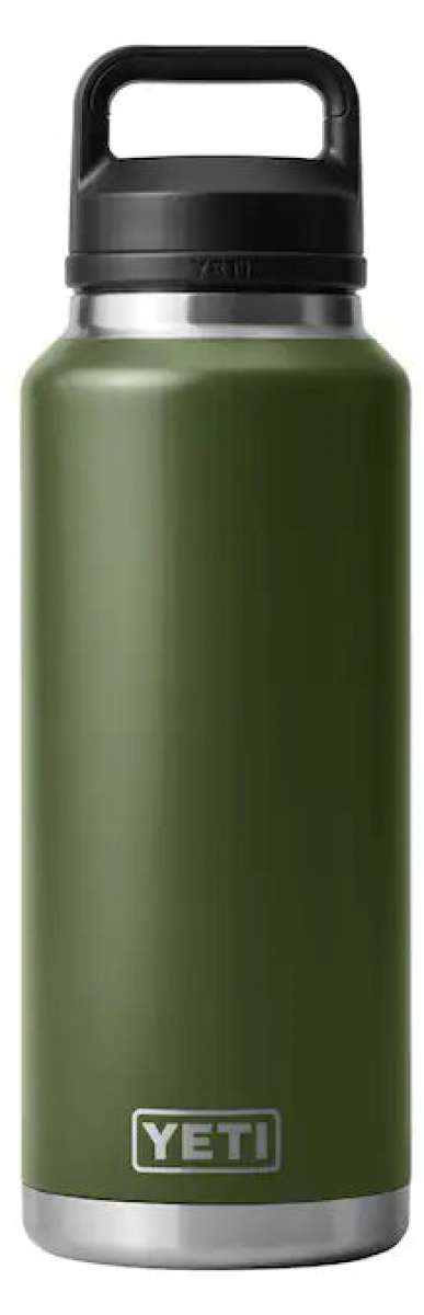 Yeti Rambler 46 oz. Bottle with Chug Cap - A large, insulated bottle with a black chug lid and handle on top.