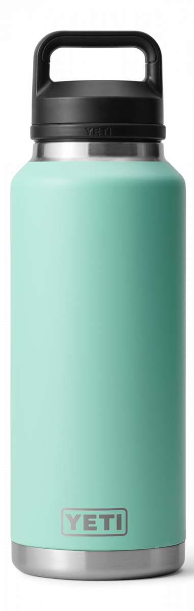 Yeti Rambler 46 oz. Bottle with Chug Cap - A large, insulated bottle with a screw-top lid and handle on top. The cap has a wide mouth for easy drinking.