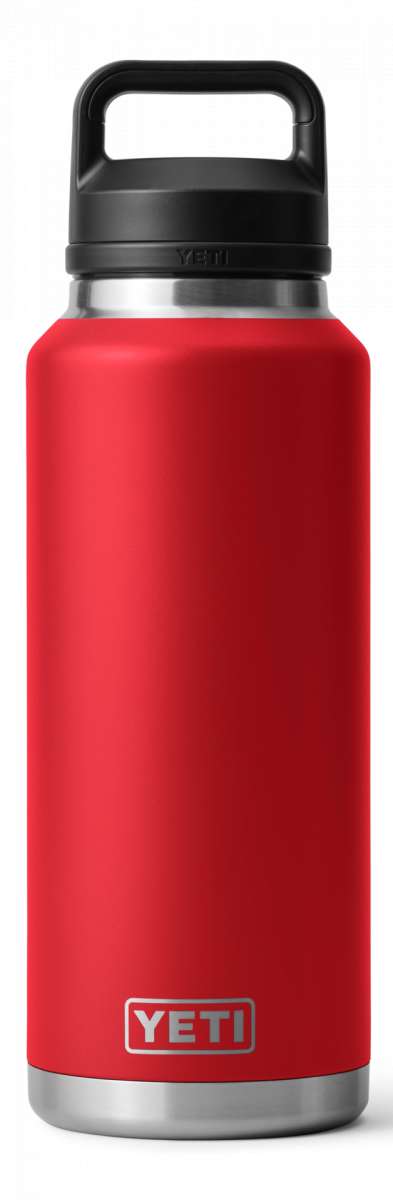 Yeti Rambler 46 oz. Bottle with Chug Cap - A red insulated bottle with a black chug lid and silver base.