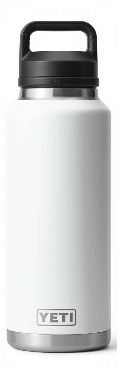 Yeti Rambler 46 oz. Bottle with Chug Cap - A large, insulated bottle with a black chug cap and a screw-on lid.