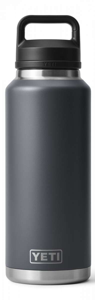 Yeti Rambler 46 oz. Bottle with Chug Cap - A large, insulated bottle with a screw-top lid and a handle on top. The cap has a wide mouth for easy drinking.