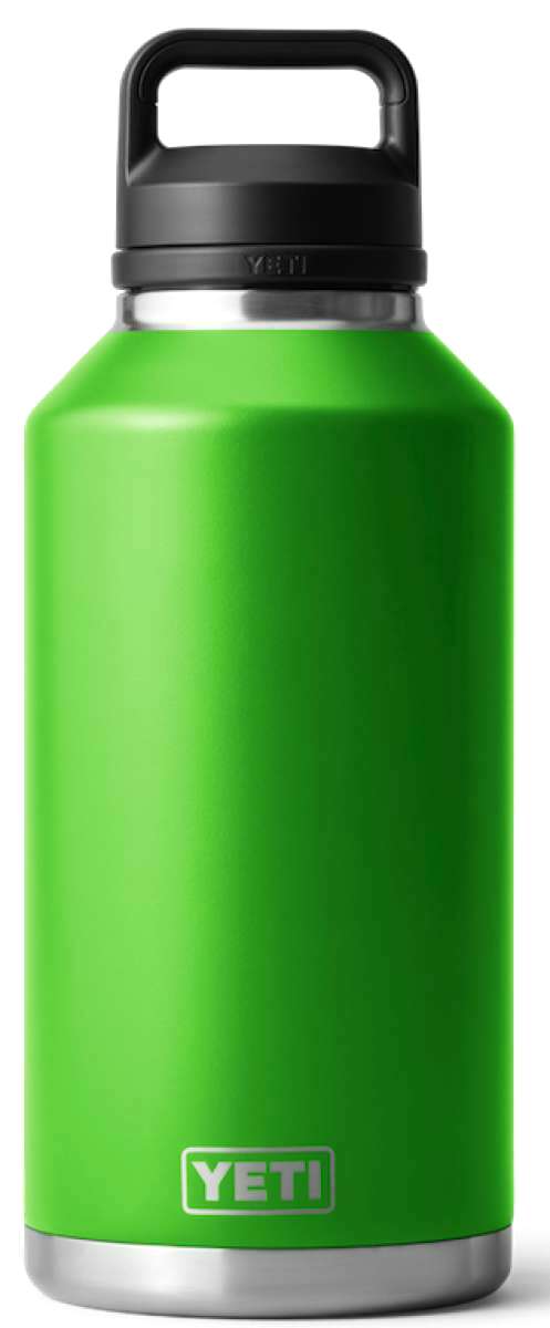 Yeti Rambler 64 oz. Bottle Chug - A green water bottle with a black lid and handle on top.