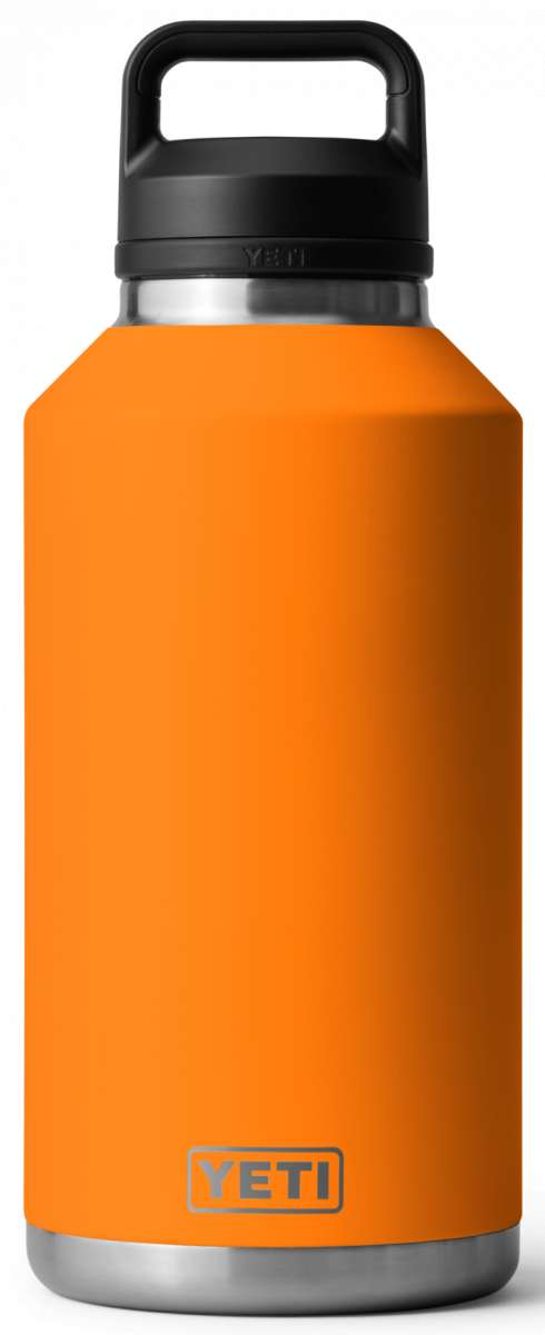 Yeti Rambler 64 oz. Bottle Chug - A stainless steel water bottle with a black lid and handle, featuring a chugging opening on top.