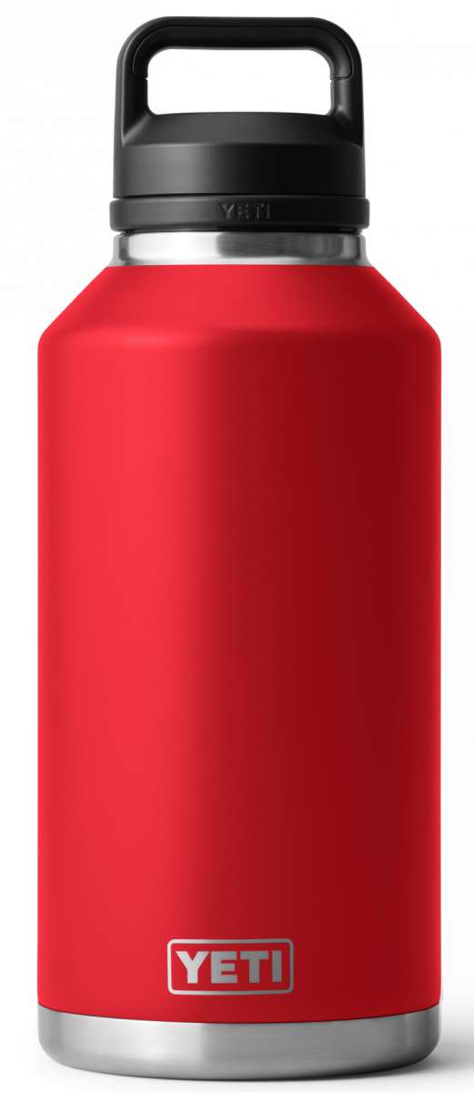 Yeti Rambler 64 oz. Bottle Chug - A red insulated bottle with a black lid and handle, featuring a chug spout on top.