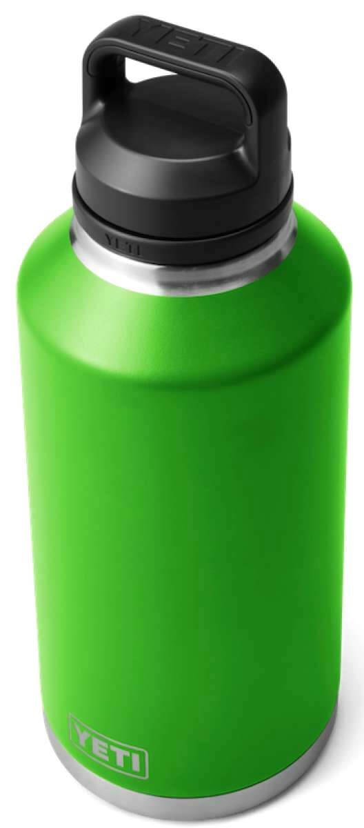Yeti Rambler 64 oz. Bottle Chug - A green water bottle with a black lid and handle on top.