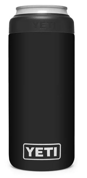 Yeti Rambler 12 oz. Colster Slim Can Insulator - A slim can insulator with a white lid, featuring the word "YETI" embossed on it.