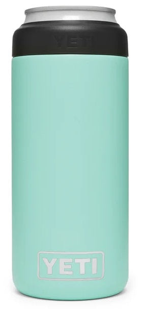 Yeti Rambler 12 oz. Colster Slim Can Insulator - A slim can insulator with a silver lid and a light blue body.