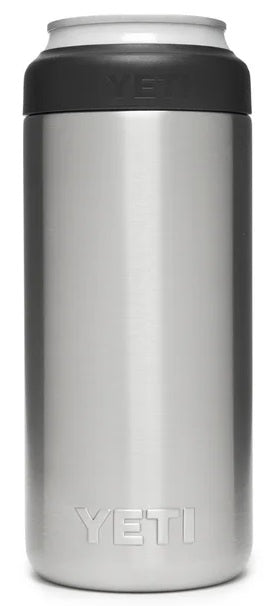 Yeti Rambler 12 oz. Colster Slim Can Insulator - A silver insulated can cooler with a black lid and embossed "YETI" logo on top.