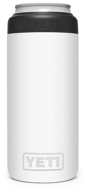 Yeti Rambler 12 oz. Colster Slim Can Insulator - White can insulator with black lid and embossed "YETI" logo on top.