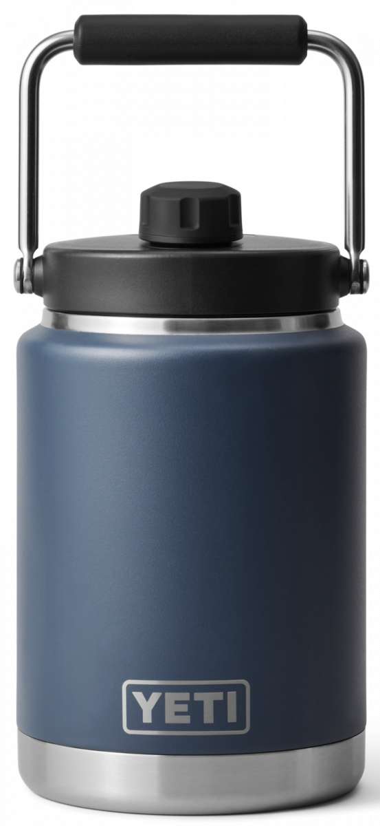 Yeti Rambler Half Gallon Jug - A large, insulated jug with a screw-on lid and handle on top. It is primarily white with dark gray lettering.