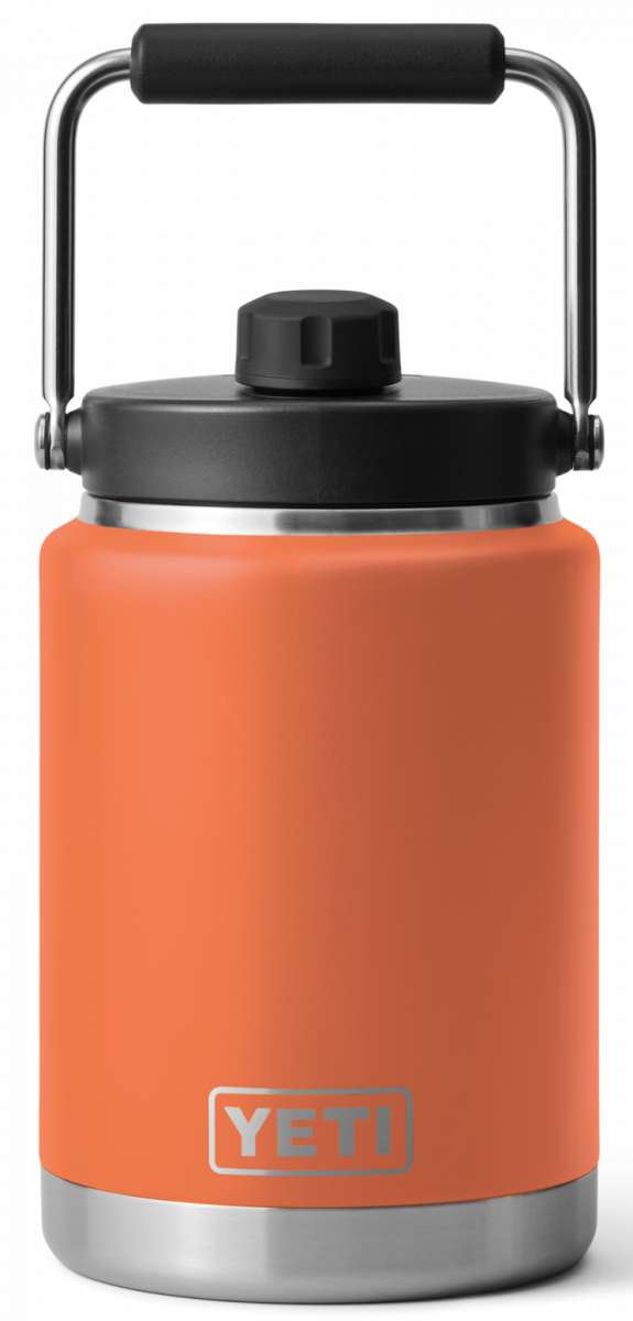 Yeti Rambler Half Gallon Jug - A large, insulated jug with a screw-top lid and handle on top. It is mostly silver in color.