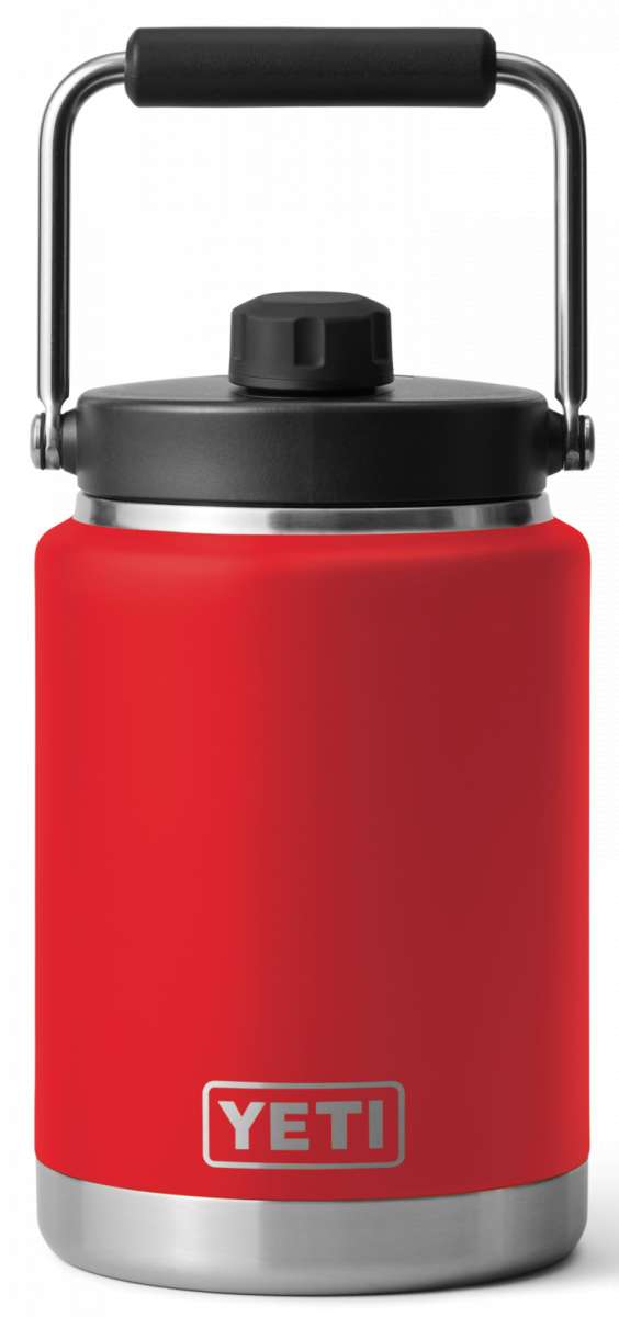 Yeti Rambler Half Gallon Jug - A large, insulated jug with a screw-top lid and handle on top. It is mostly silver in color with black lettering.
