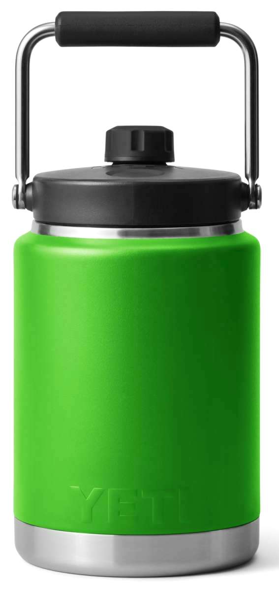 Yeti Rambler Half Gallon Jug - A large, insulated jug with a screw-top lid and handle on top. It is mostly white with silver hardware.