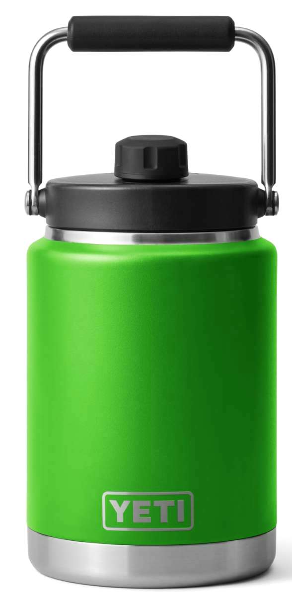 Yeti Rambler Half Gallon Jug - A large, insulated jug with a screw-top lid and handle on top. It is mostly white with silver hardware.