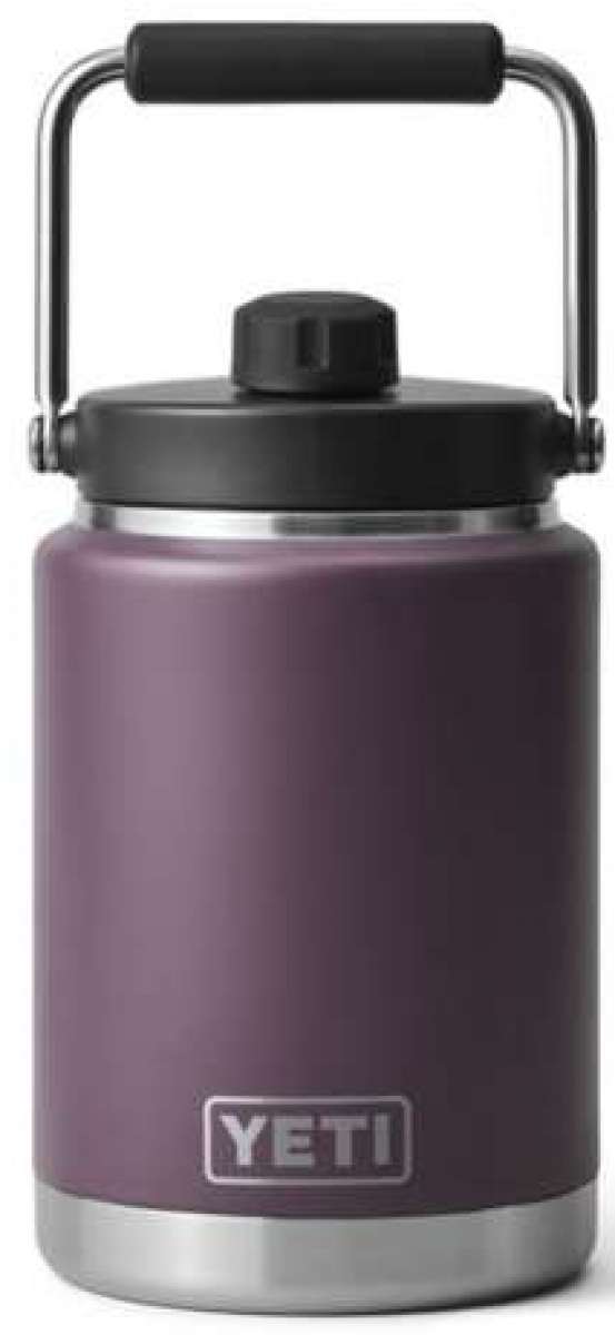 Yeti Rambler Half Gallon Jug - A large, insulated jug with a screw-on lid and handle on top. It is primarily white with silver hardware.