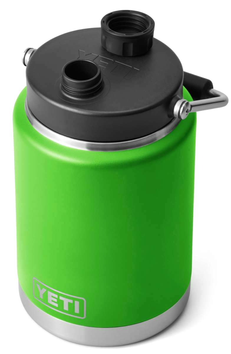 Yeti Rambler Half Gallon Jug - A large, insulated jug with a screw-on lid and handle on one side.