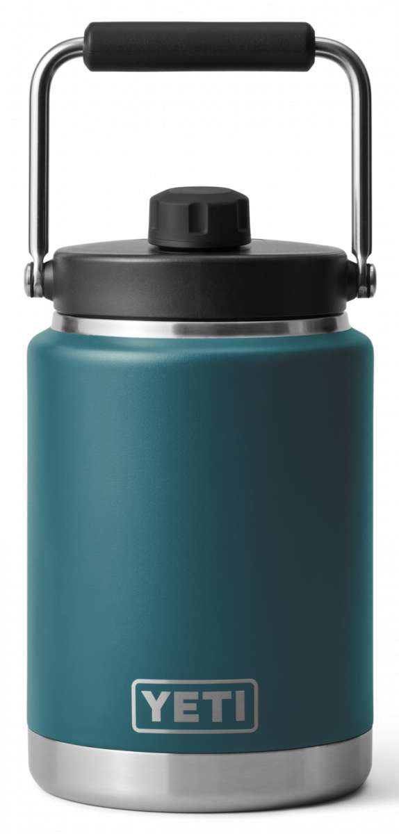 Yeti Rambler Half Gallon Jug - A large, insulated jug with a screw-top lid and handle on top. It is primarily white with silver hardware.