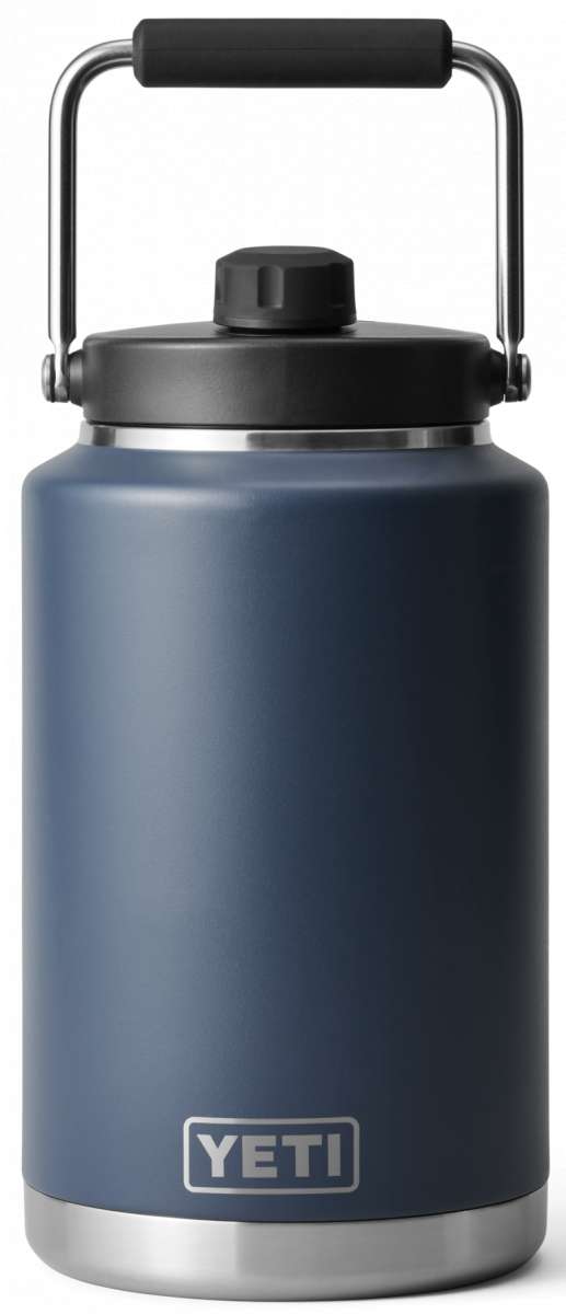 Yeti Rambler One Gallon Jug - A large, insulated jug with a screw-top lid and handle on top. It is primarily white with dark gray lettering.