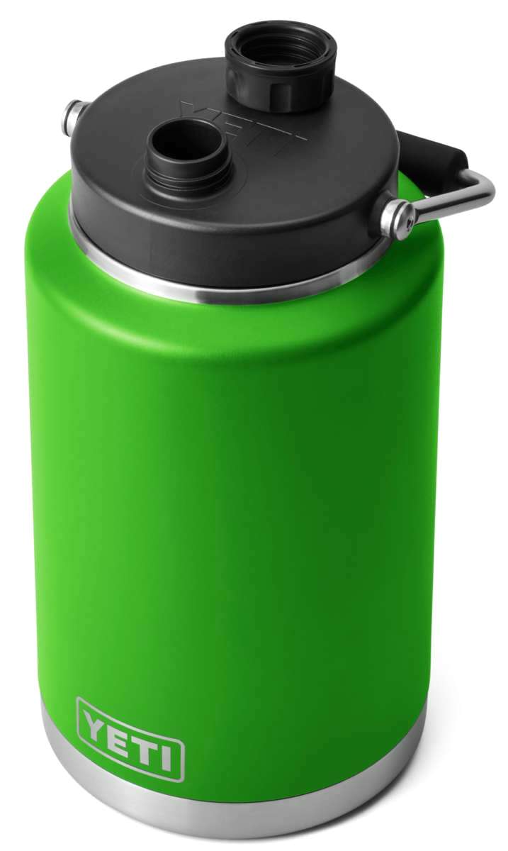 Yeti Rambler One Gallon Jug - A large, insulated jug with a screw-on lid and handle on one side. It is primarily white with silver hardware.