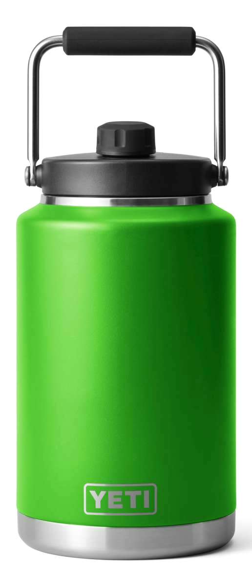Yeti Rambler One Gallon Jug - A large, insulated jug with a screw-top lid and handle on top. It is mostly green with silver hardware.
