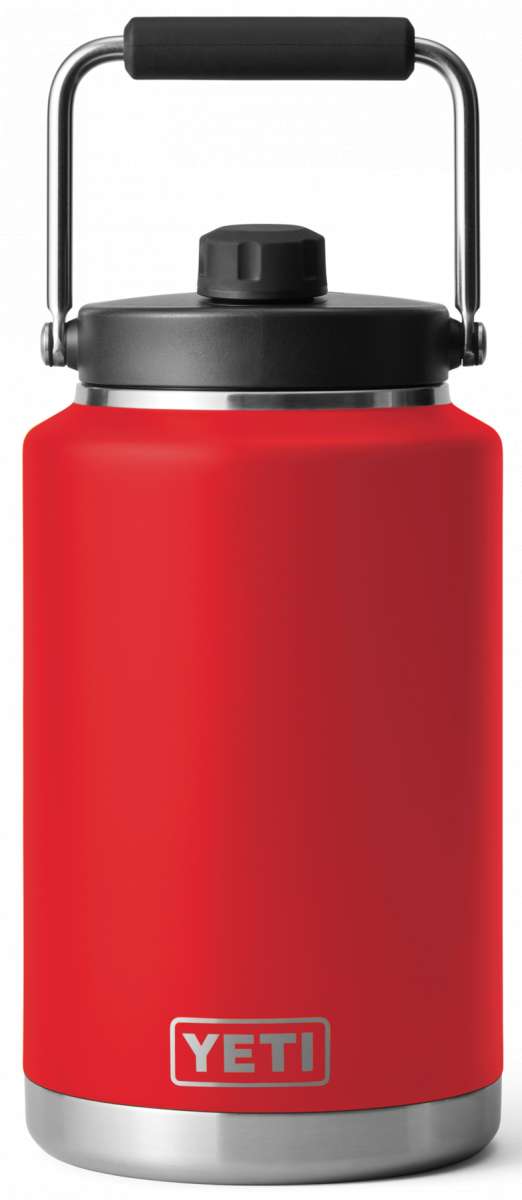 Yeti Rambler One Gallon Jug - A red insulated jug with a black screw-top lid and handle, featuring a silver logo on the front.