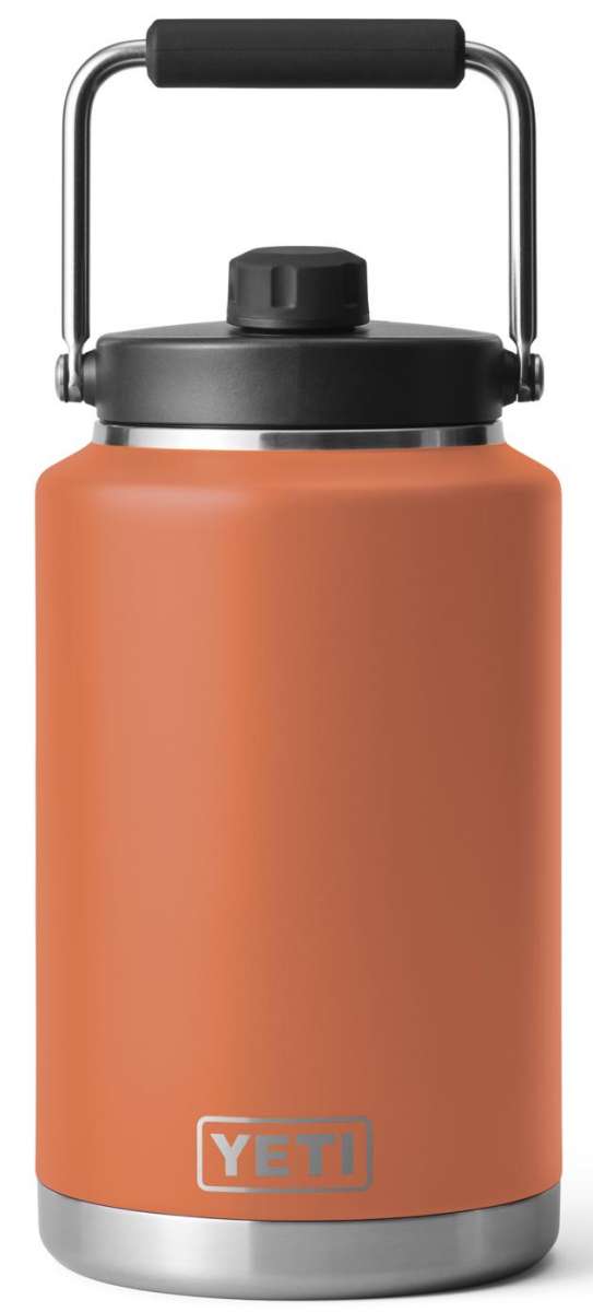 Yeti Rambler One Gallon Jug - A large, insulated jug with a screw-top lid and handle on top. It is primarily white with silver hardware.