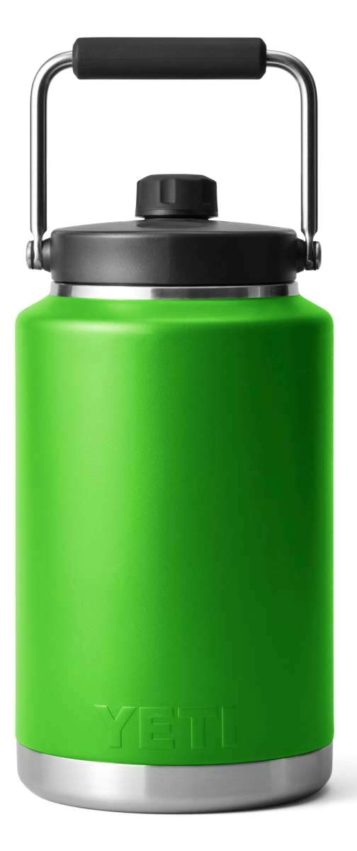 Yeti Rambler One Gallon Jug - A large, insulated jug with a screw-top lid and handle on top. It is mostly green in color.