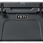 Yeti Tundra 45 Cooler - A large, rectangular cooler with a dark gray lid and matching body, featuring a prominent "YETI" logo on the front in white lettering.