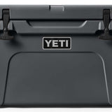 Yeti Tundra 45 Cooler - A large, rectangular cooler with a dark gray lid and matching body, featuring a prominent "YETI" logo on the front in white lettering.