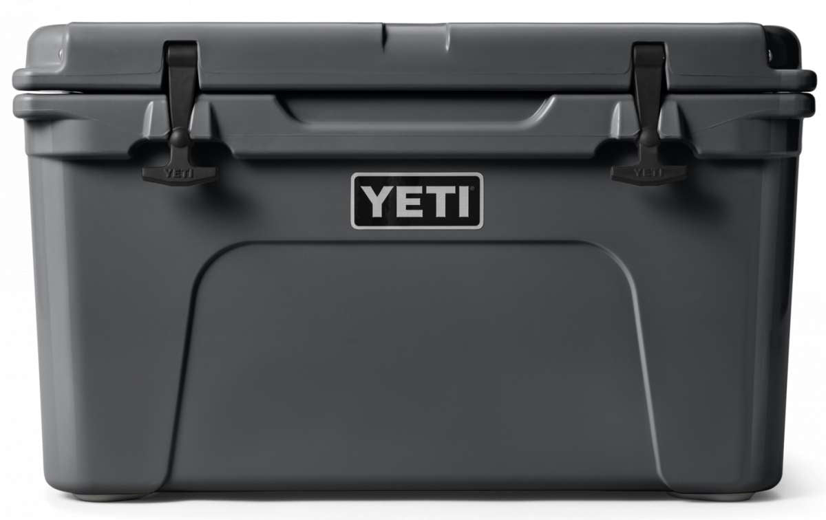 Yeti Tundra 45 Cooler - A large, rectangular cooler with a dark gray lid and matching body, featuring a prominent "YETI" logo on the front in white lettering.